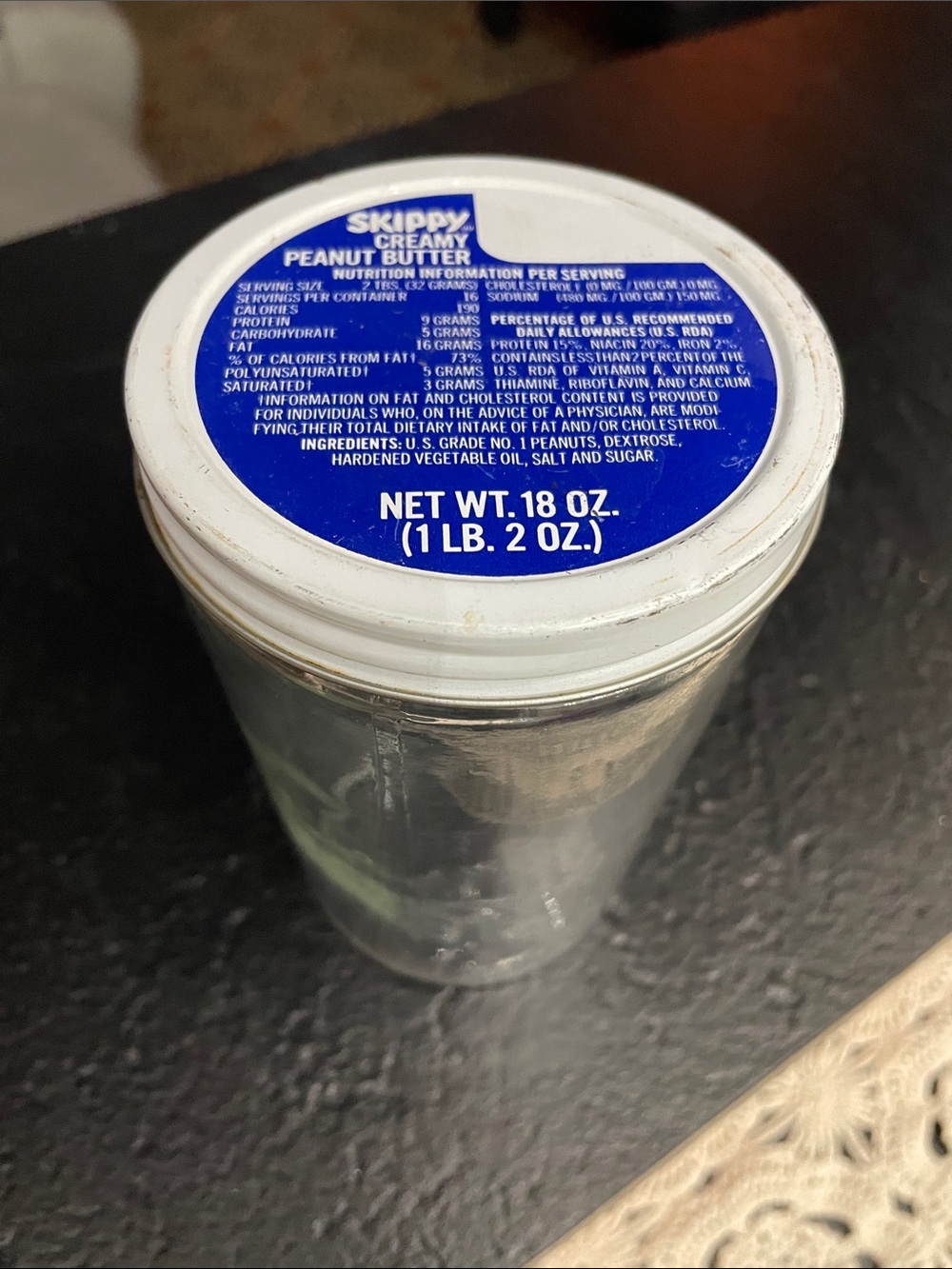 Vintage Skippy Creamy Peanut Butter Glass Jar with Blue Lid